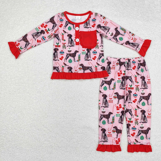 GLP1522 Bamboo Christmas Tree Gift Puppy Red Lace Pocket Pink Long Sleeve Long Pants Pajama Set