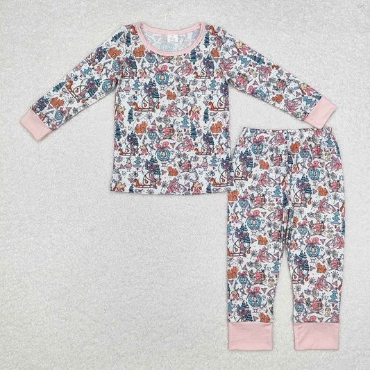 GLP1576 Bamboo Garland Bow Girls Pink White Long Sleeve Long Pants Pajama Set