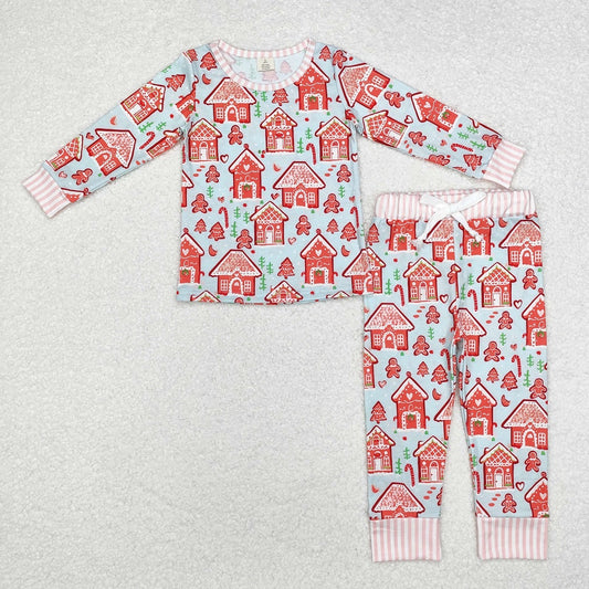 GLP1582 Christmas Tree House Gingerbread Man Blue Long Sleeve Long Pants Pajama Set