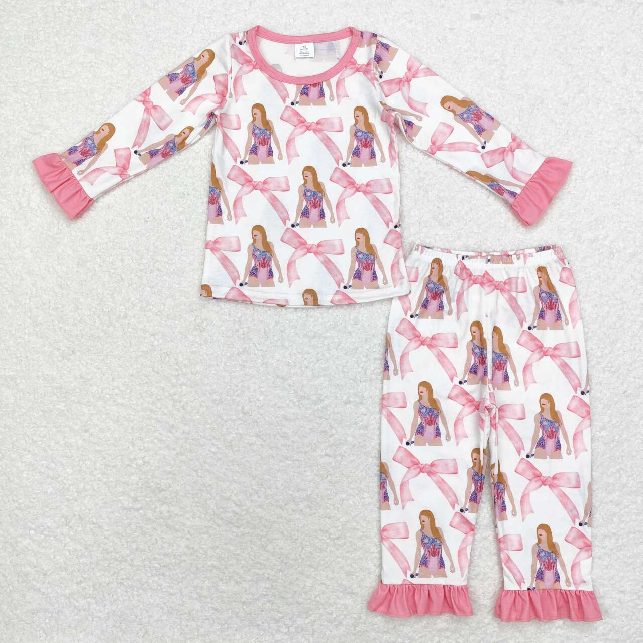 GLP1606 Bamboo White long-sleeved and long-pants pajama set with pink lace and bow pattern