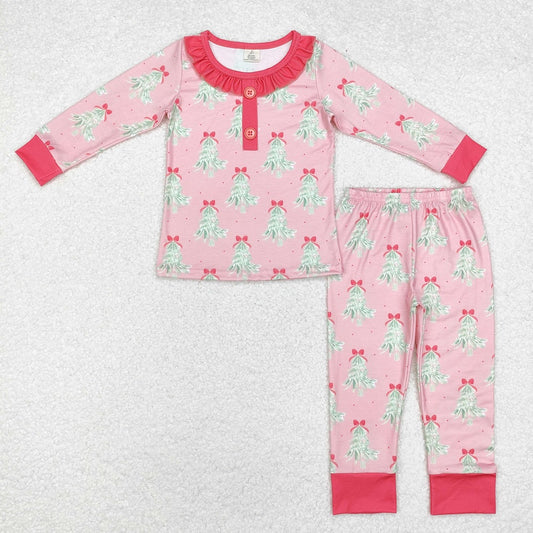 GLP1610  Bamboo Pink long-sleeved and long-pants pajama set with Christmas tree bow pattern lace