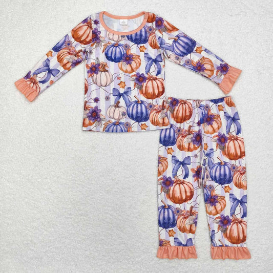 GLP1619 Bamboo Pumpkin Orange Lace Purple Stripe Long Sleeve Long Pants Pajama Set