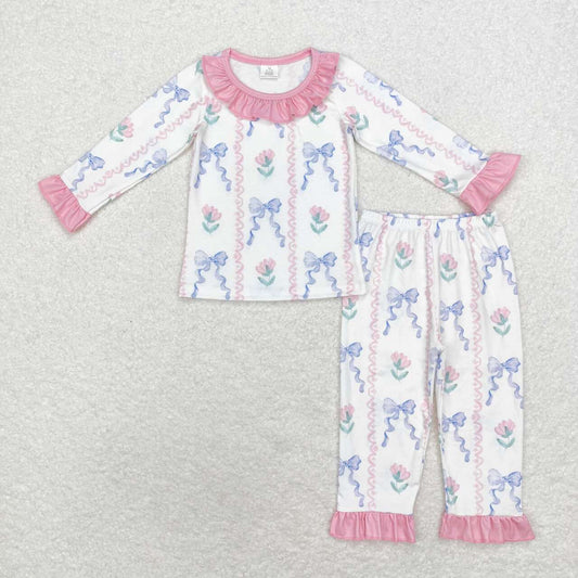 GLP1693 Bamboo Bow pattern blue and purple lace long sleeve long pants pajama set