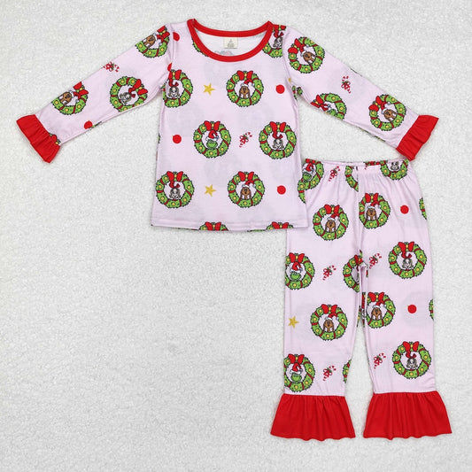 GLP1741 Christmas Wreath Red Lace Pink Long Sleeve Long Pants Pajama Set