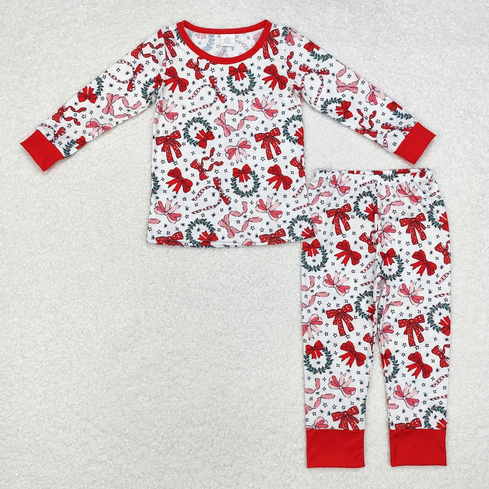 GLP1879 Bamboo Christmas star wreath bow pattern red and white long sleeve long pants pajama set