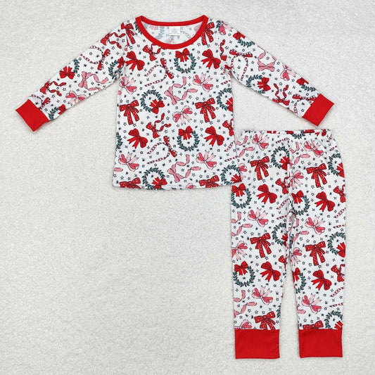 GLP1879 Bamboo Christmas star wreath bow pattern red and white long sleeve long pants pajama set