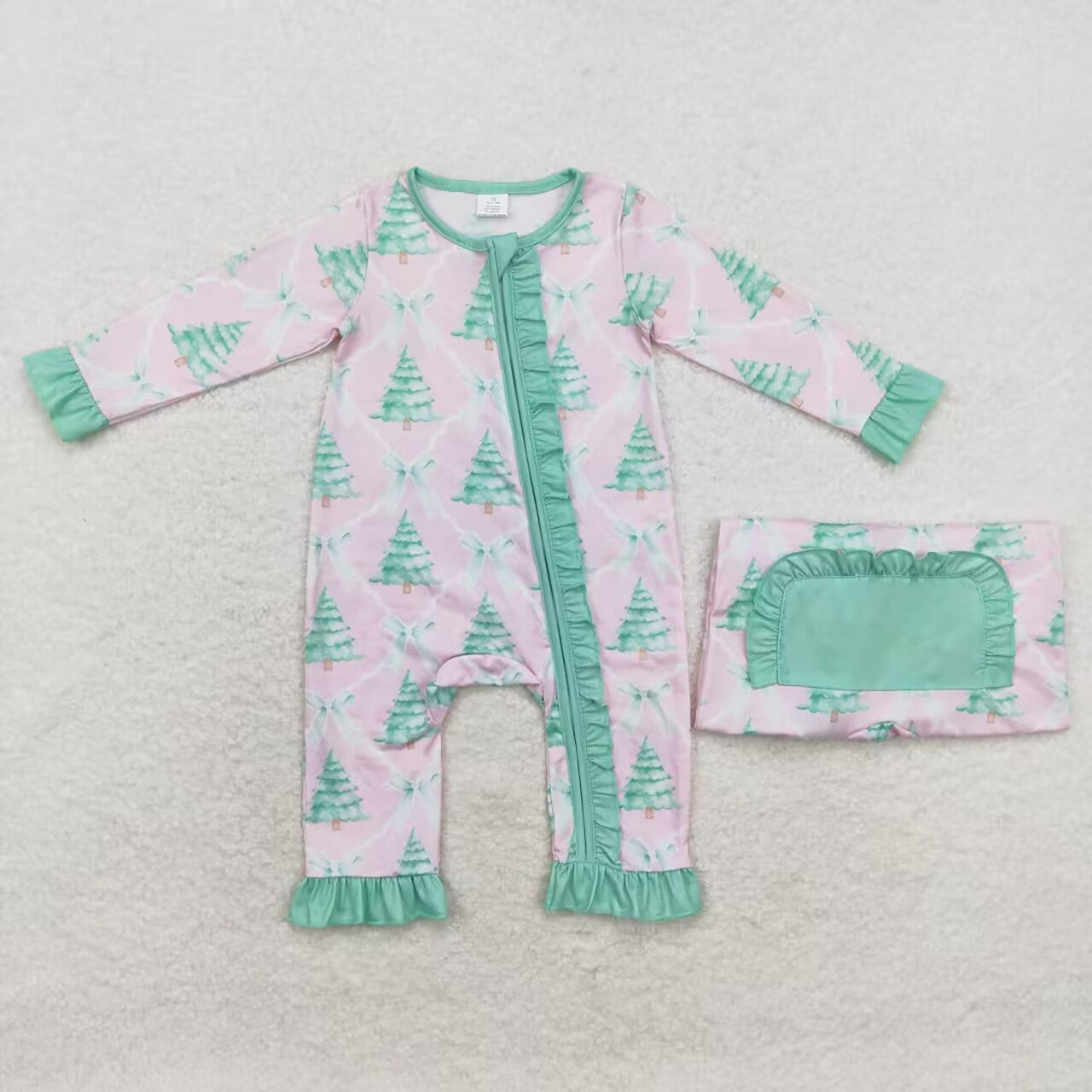 LR1073 Bamboo Christmas tree bow green lace pink zipper long sleeve jumpsuit