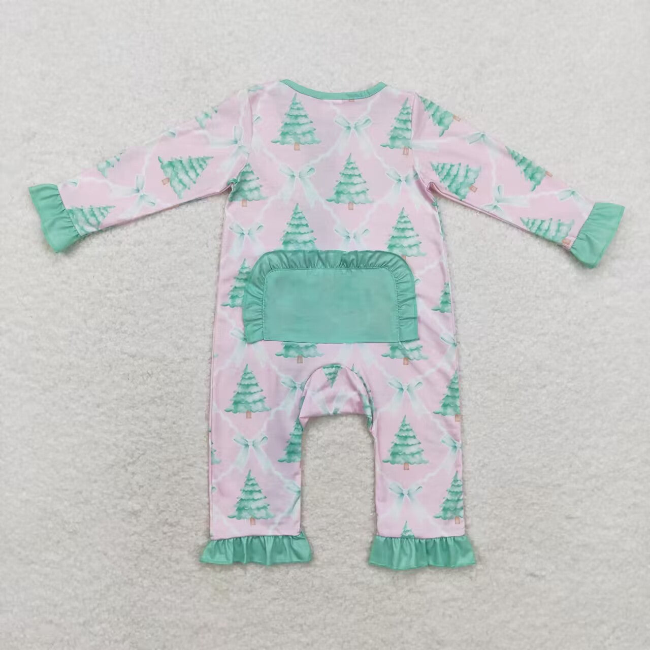 LR1073 Bamboo Christmas tree bow green lace pink zipper long sleeve jumpsuit