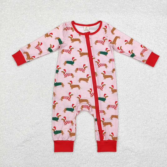 LR1081 Bamboo Christmas Hat Puppy Pink Zip Long Sleeve Onesie Romper