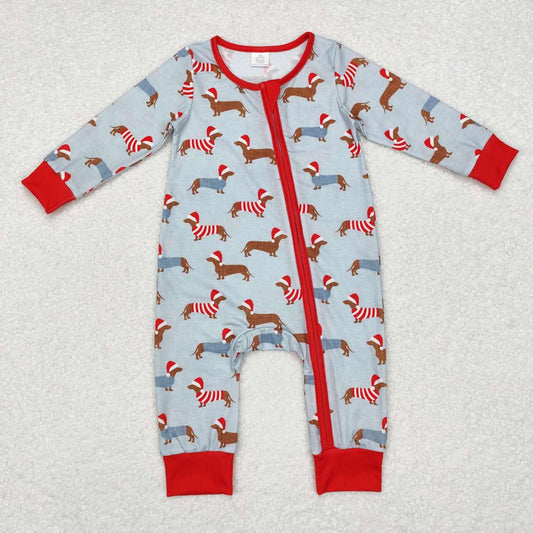 LR1082 Bamboo Christmas Hat Puppy Blue Zip Long Sleeve Onesie Romper