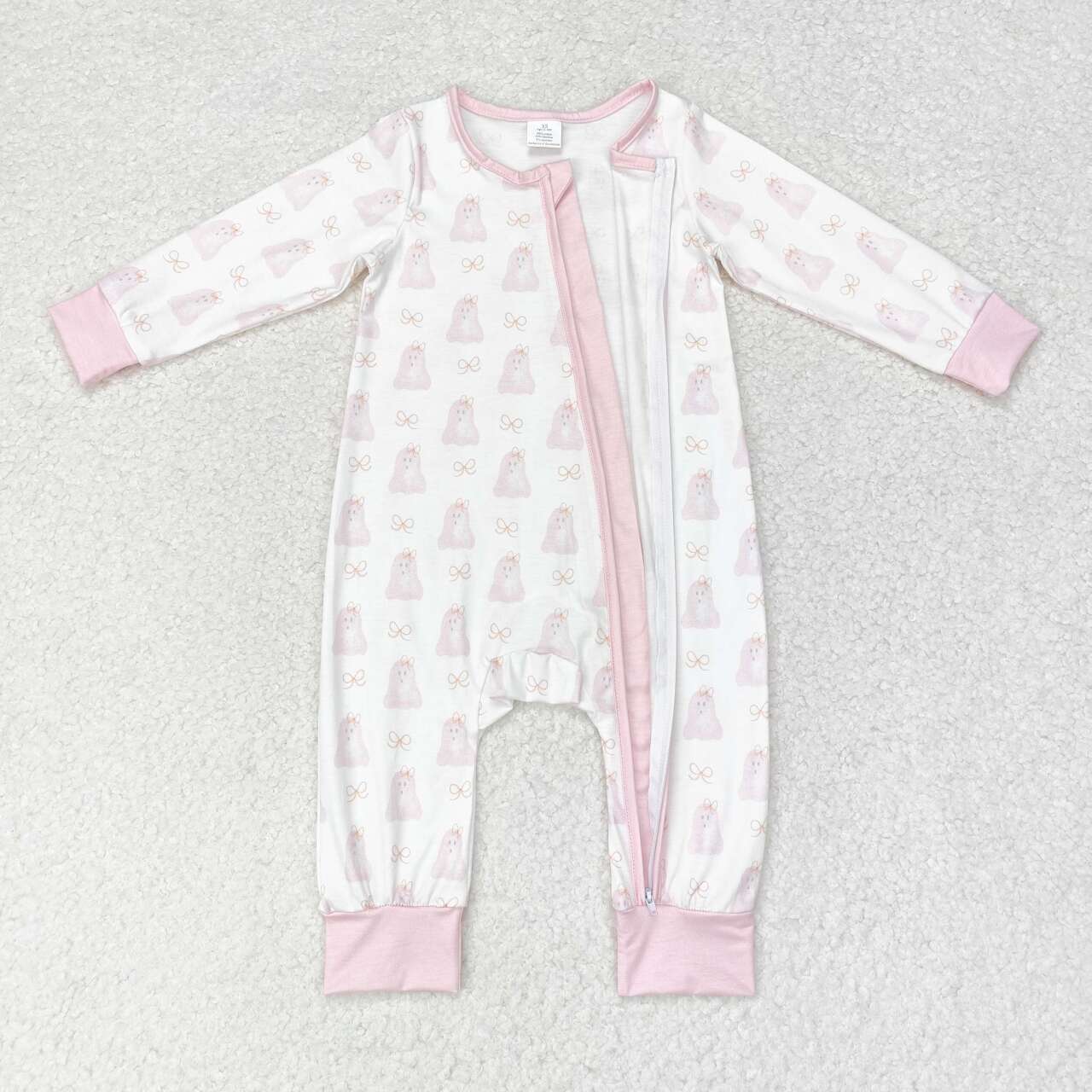 LR1124 Bamboo Pink Ghost White Zipper Long Sleeve Bodysuit