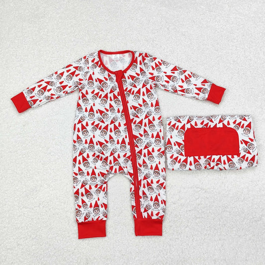 LR1168 Bamboo Christmas Tree Cartoon Elf Red and White Zipper Long Sleeve Bodysuit