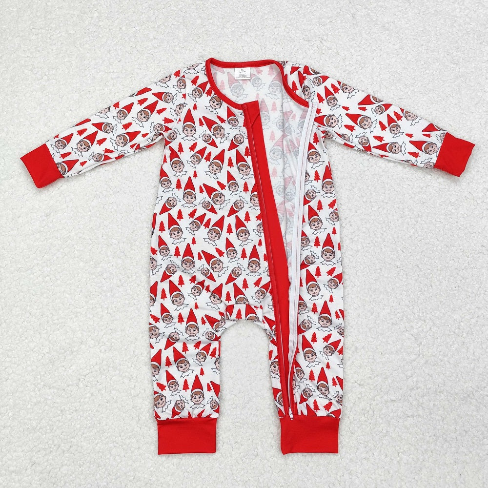 LR1168 Bamboo Christmas Tree Cartoon Elf Red and White Zipper Long Sleeve Bodysuit