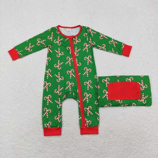 LR1237 Bamboo Santa Cane Red Trim Green Zipper Long Sleeve Bodysuit