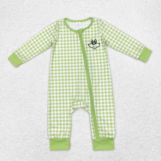 LR1251 Bamboo Green Plaid Zip-Up Long Sleeve Bodysuit