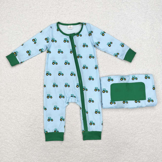 LR1253 bamboo Tractor Teal Zip-Up Long Sleeve Bodysuit