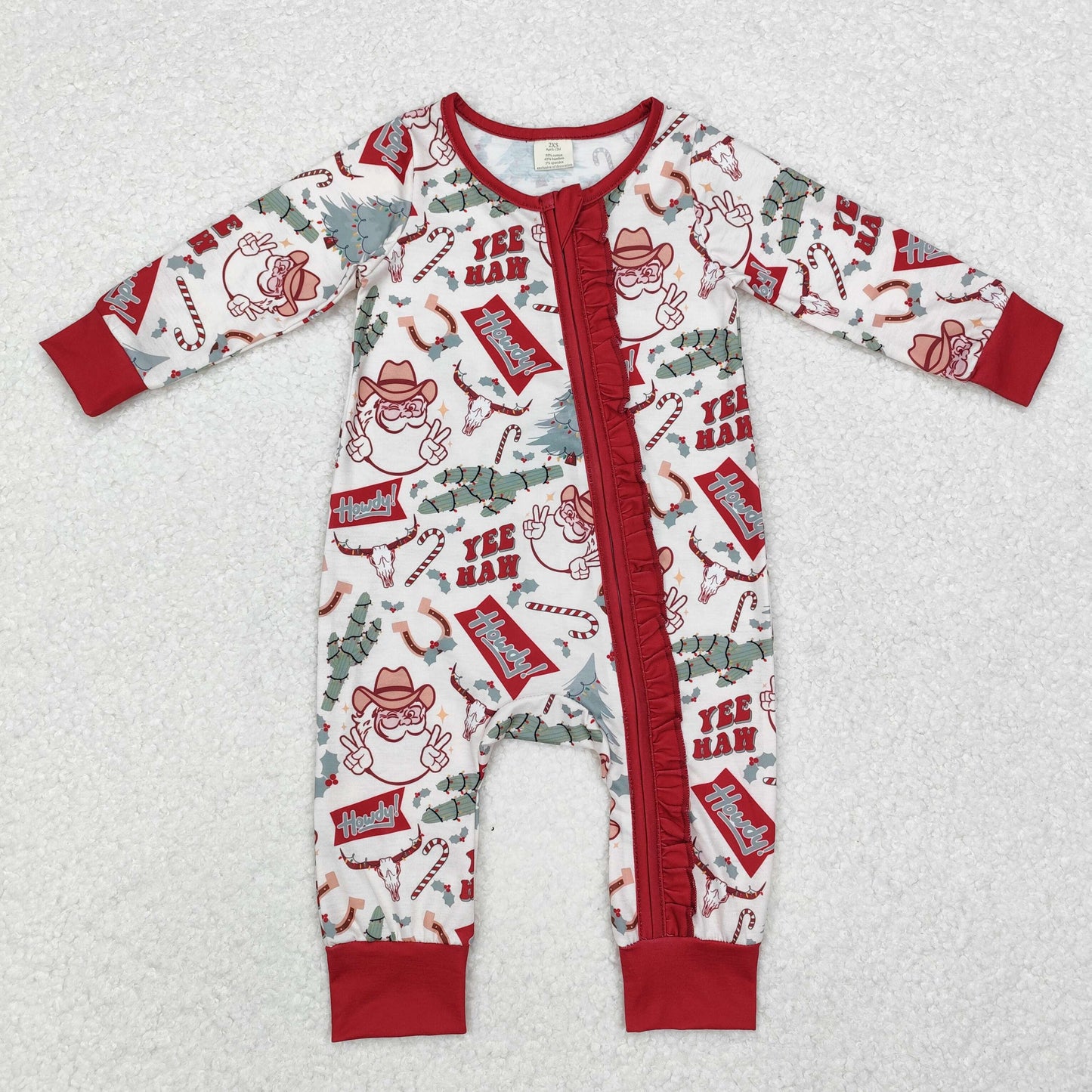 LR1277 Santa Claus Cactus Bull Head Lace Beige Zipper Long Sleeve Bodysuit