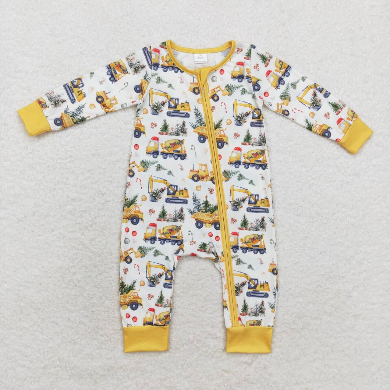 LR1332 Bamboo Christmas Tree Construction Truck Beige Zipper Long Sleeve Bodysuit