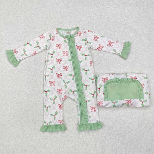 LR1344 BAMBOO Pink bow pattern leaves green lace white zipper long sleeve jumpsuit