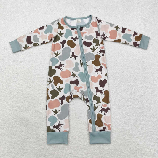 LR1387 Bamboo Puppy Duck Camo Green Zipper Long Sleeve Bodysuit