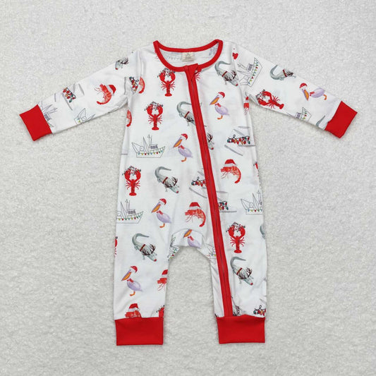 LR1399 Bamboo Ship Crayfish Crocodile Red and White Zipper Long Sleeve Bodysuit