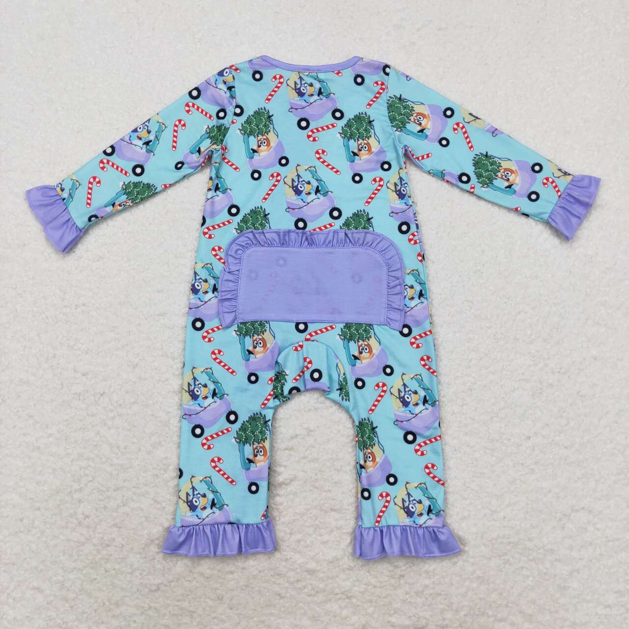 LR1419 Christmas Tree Car Cane Purple Lace Blue Zipper Long Sleeve Bodysuit