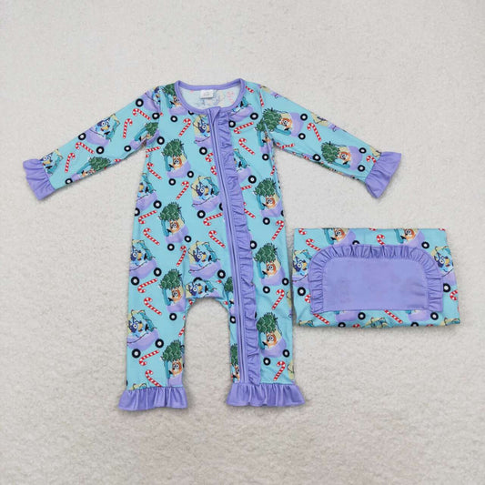 LR1419 Christmas Tree Car Cane Purple Lace Blue Zipper Long Sleeve Bodysuit