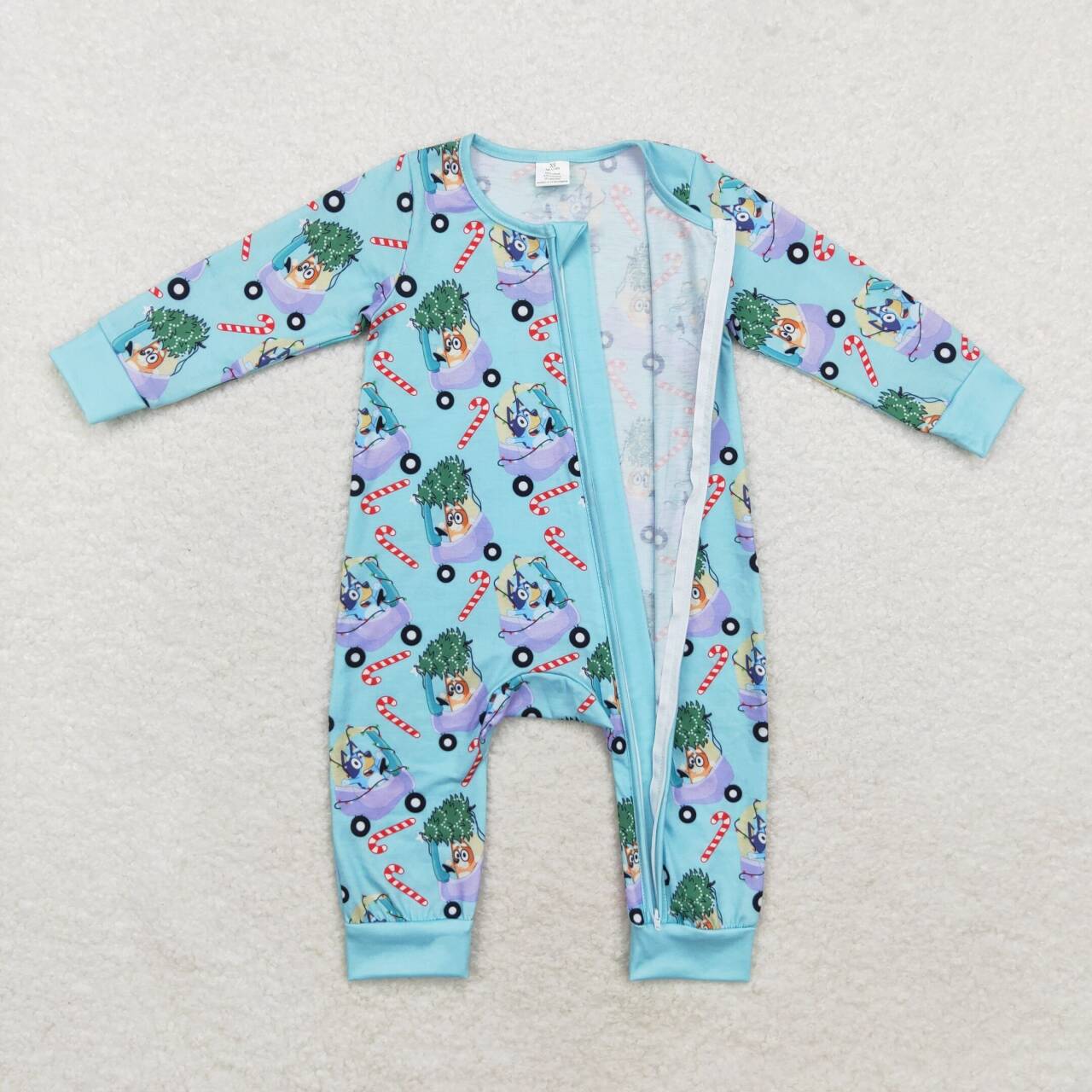 LR1431  Bamboo Christmas Tree Car Cane Blue Zipper Long Sleeve Bodysuit