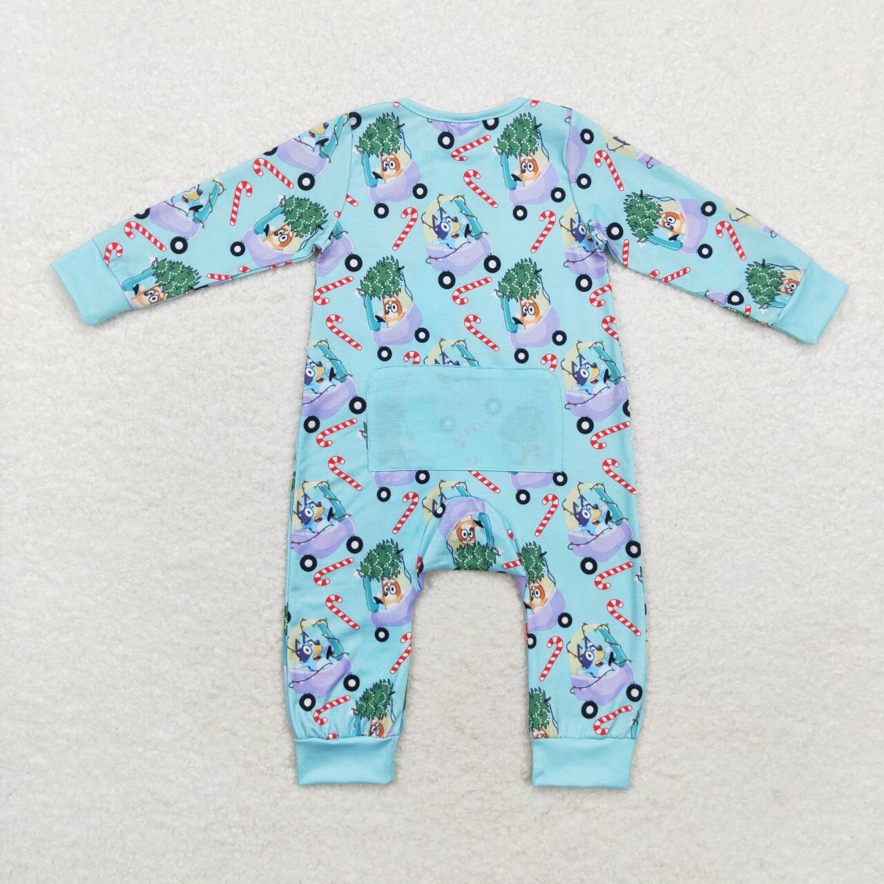LR1431  Bamboo Christmas Tree Car Cane Blue Zipper Long Sleeve Bodysuit