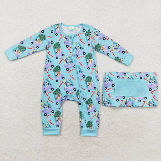 LR1431  Bamboo Christmas Tree Car Cane Blue Zipper Long Sleeve Bodysuit