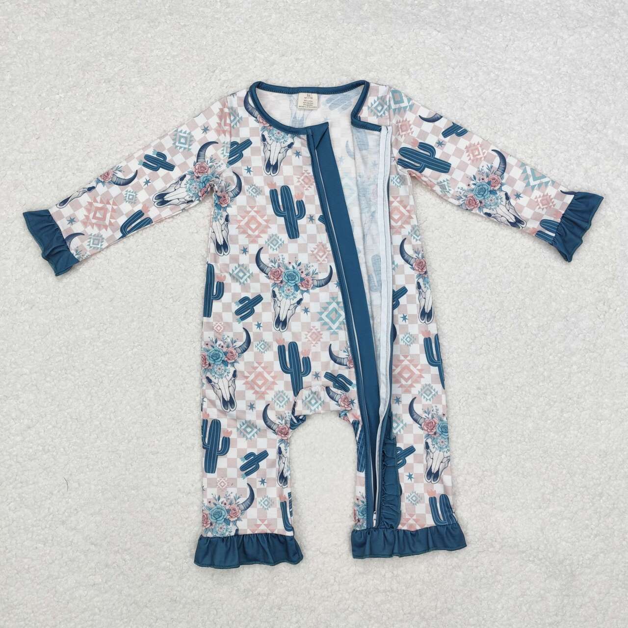LR1446 bamboo Cactus Alpine Plaid Green Lace Zip-Up Long Sleeve Bodysuit D 4.7