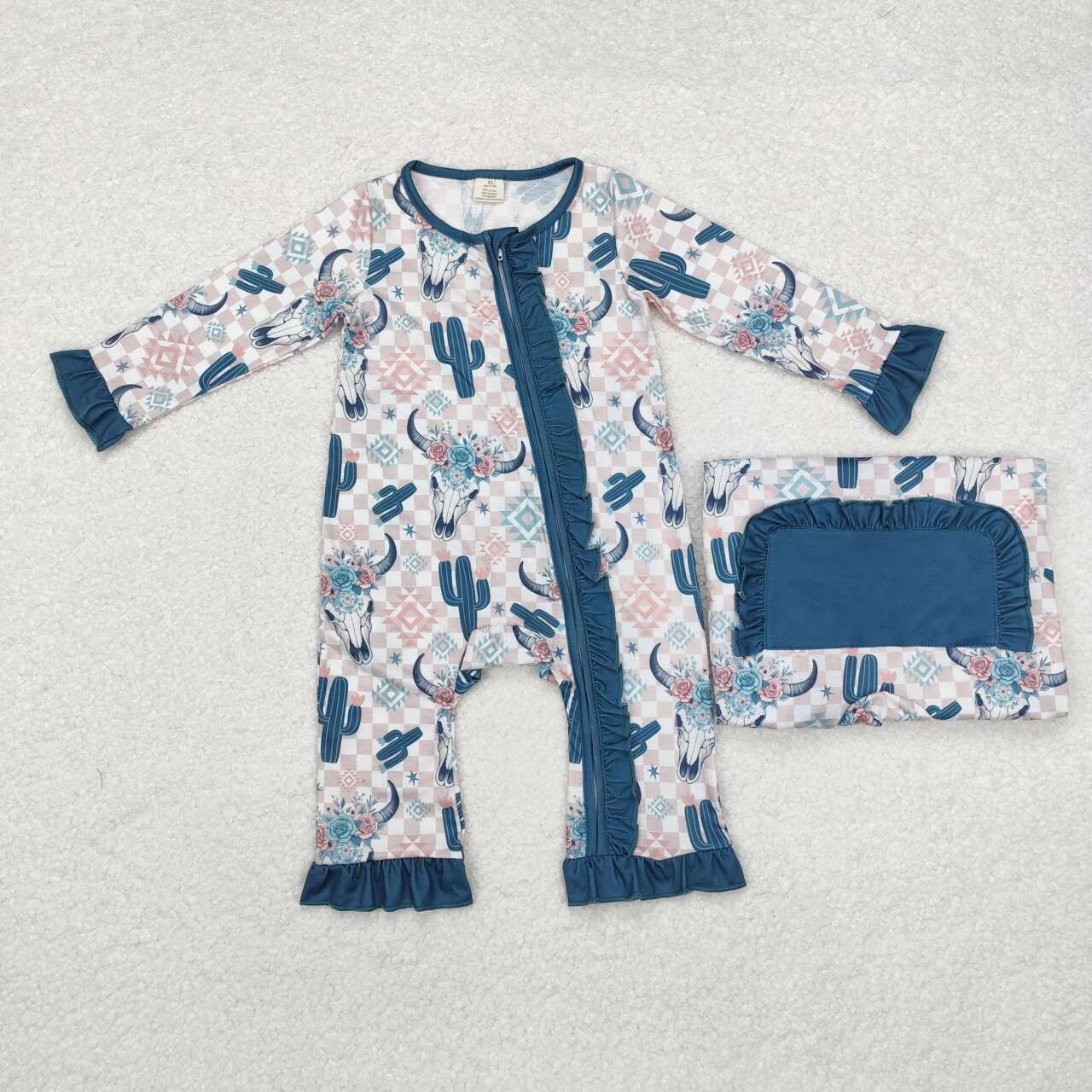 LR1446 bamboo Cactus Alpine Plaid Green Lace Zip-Up Long Sleeve Bodysuit D 4.7