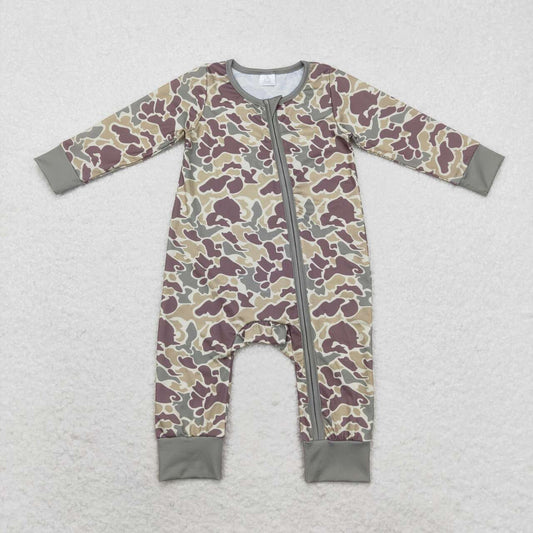 LR1451 Bamboo Brown Green Camouflage Zipper Long Sleeve Bodysuit