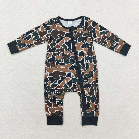 LR1453 Bamboo Brown Green Camouflage Beige Zipper Long Sleeve Bodysuit