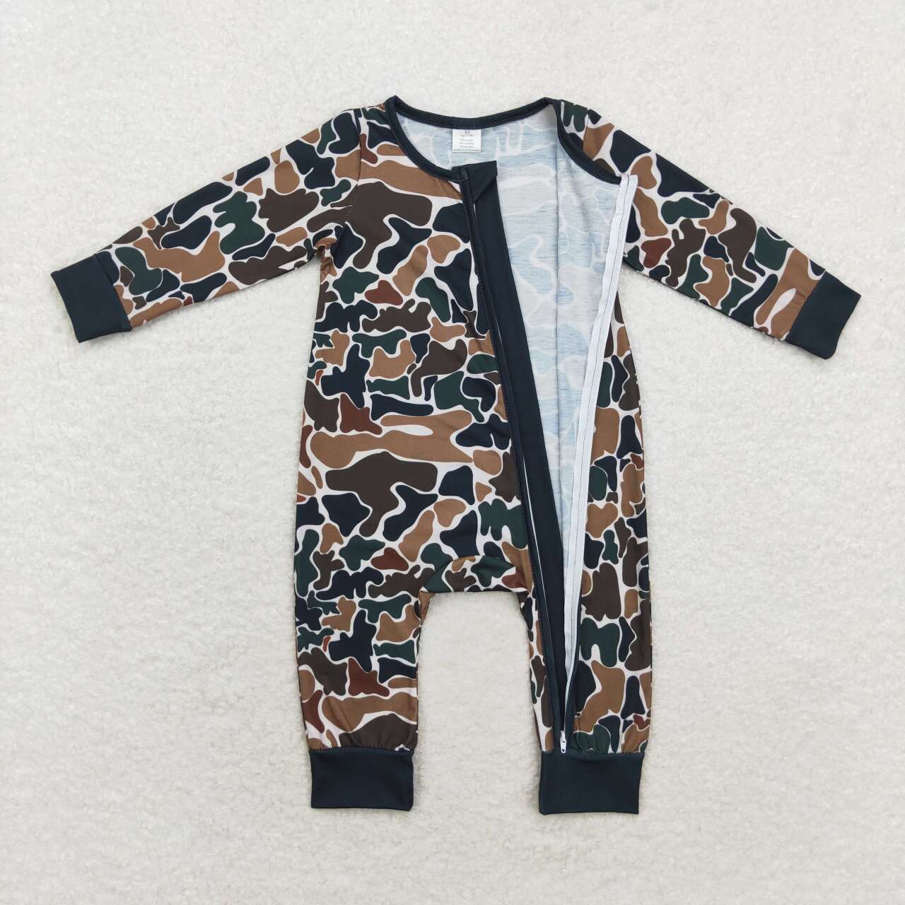 LR1453 Bamboo Brown Green Camouflage Beige Zipper Long Sleeve Bodysuit