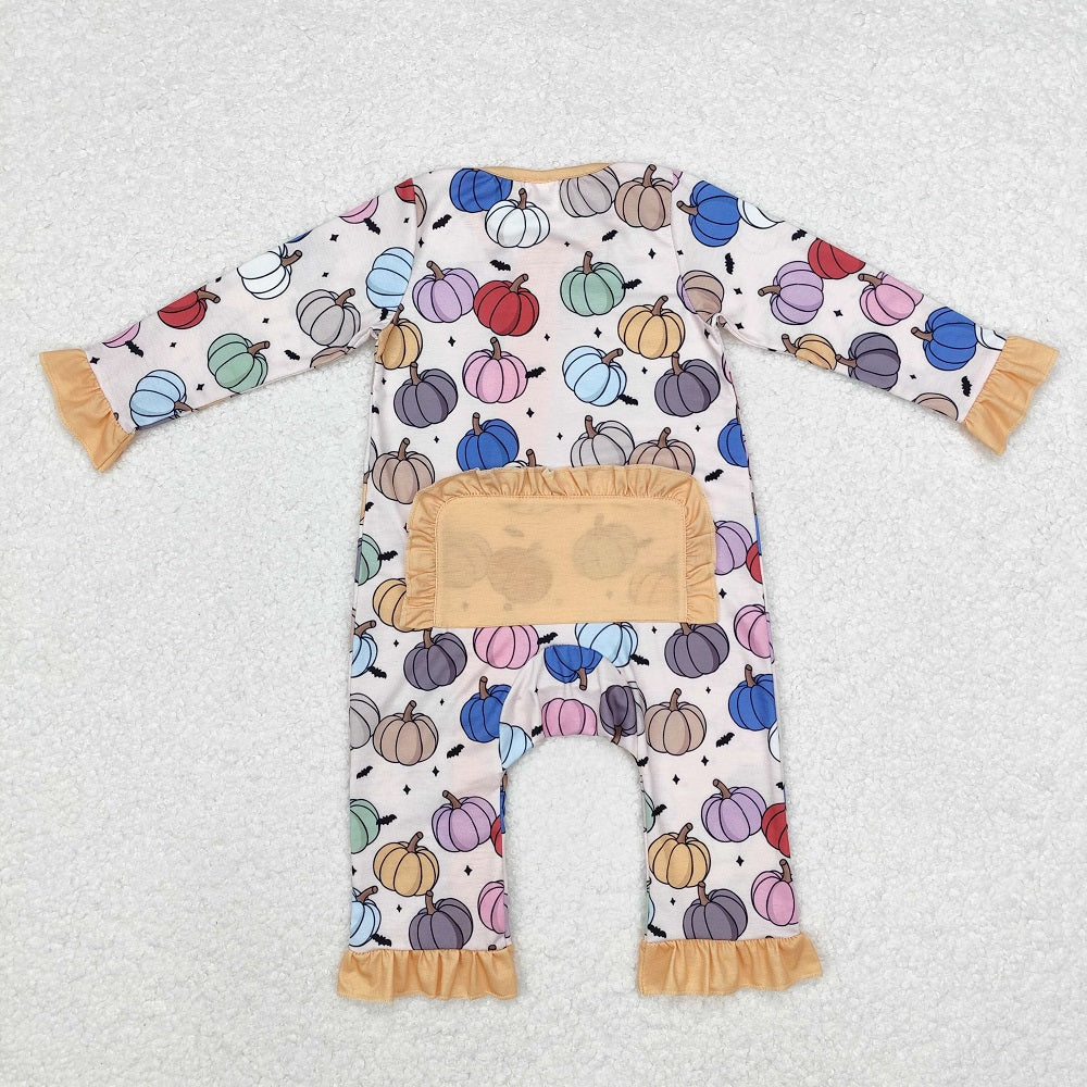 LR1455  Bamboo Colorful Pumpkin Yellow Lace Zipper Long Sleeve Bodysuit
