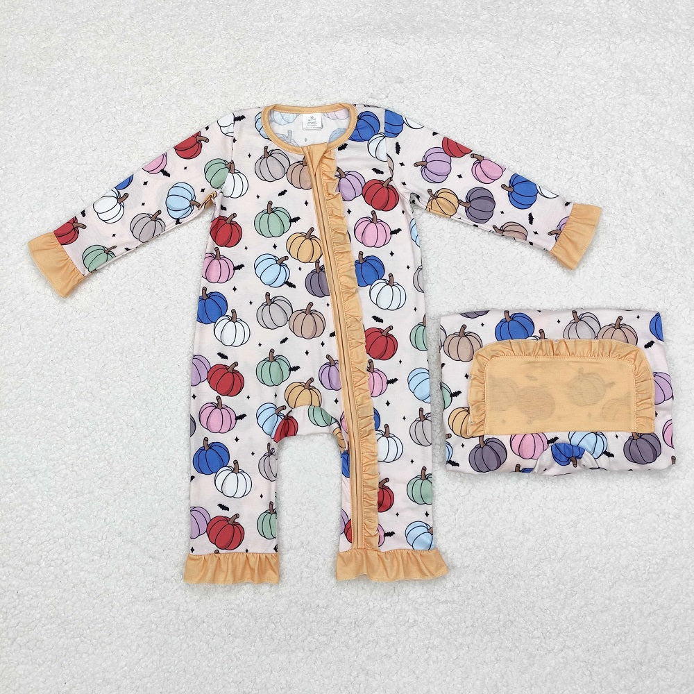 LR1455  Bamboo Colorful Pumpkin Yellow Lace Zipper Long Sleeve Bodysuit