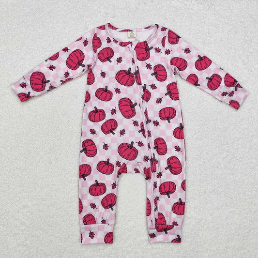 LR1456 Bamboo Rose Red Pumpkin Leaf Plaid Zipper Long Sleeve Bodysuit