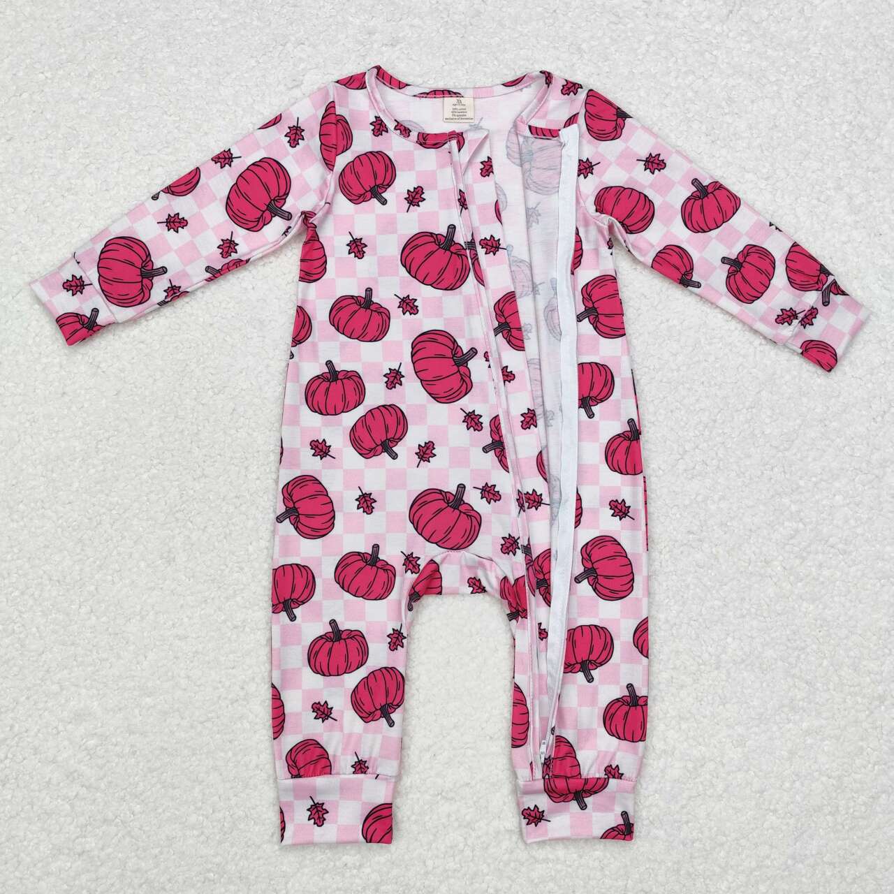 LR1456 Bamboo Rose Red Pumpkin Leaf Plaid Zipper Long Sleeve Bodysuit