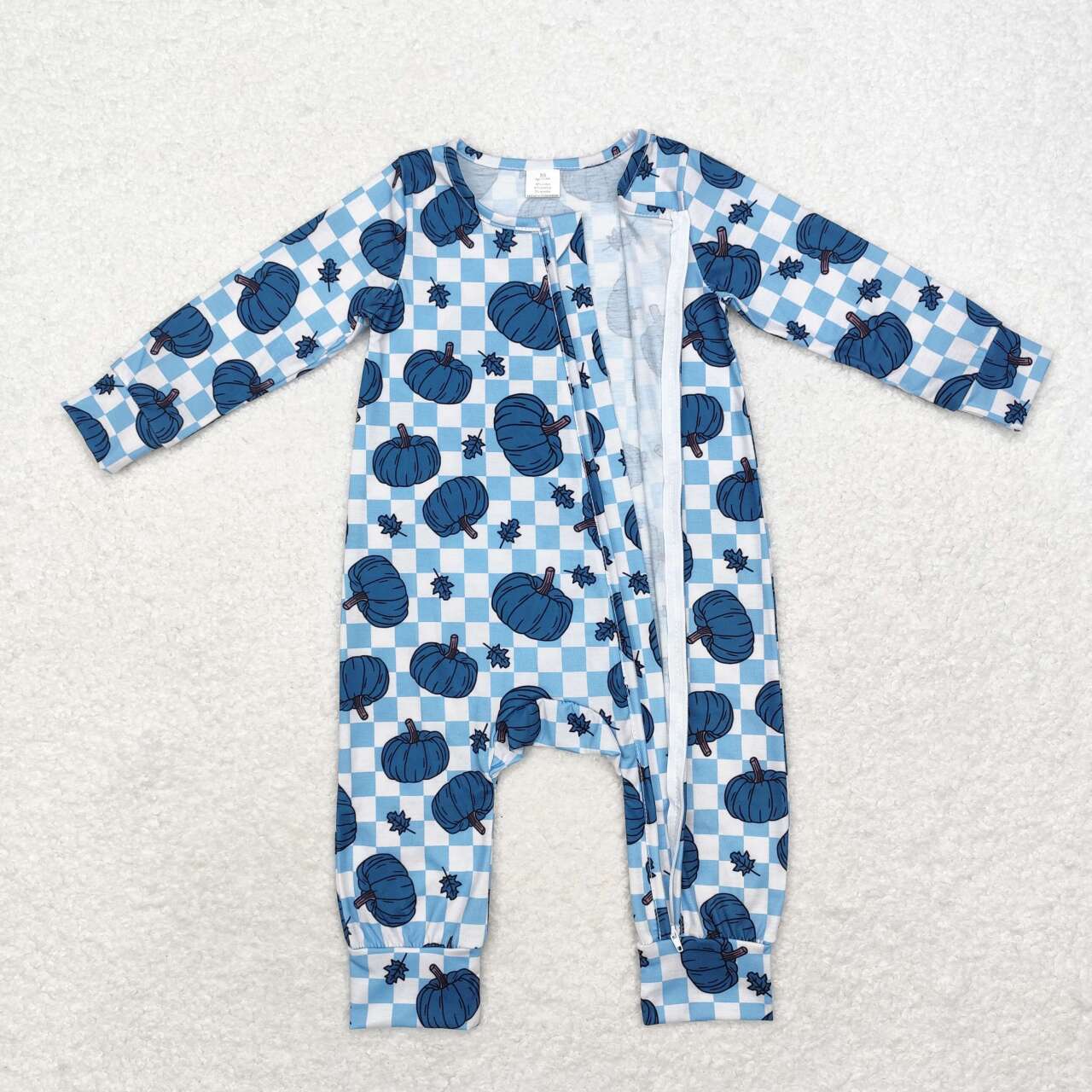 LR1457 Bamboo Blue Pumpkin Leaf Plaid Zip-Up Long Sleeve Bodysuit