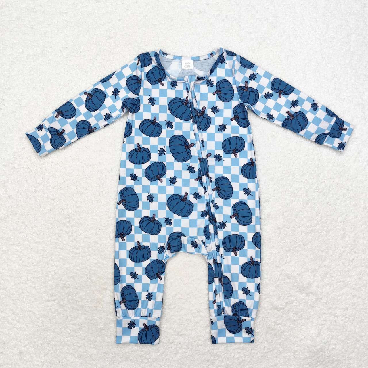 LR1457 Bamboo Blue Pumpkin Leaf Plaid Zip-Up Long Sleeve Bodysuit