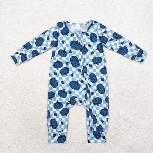 LR1457 Bamboo Blue Pumpkin Leaf Plaid Zip-Up Long Sleeve Bodysuit