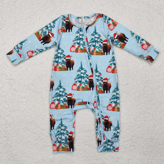 LR1459 Bamboo Alpine Bullhead Christmas Tree Gift Blue Zipper Long Sleeve Bodysuit