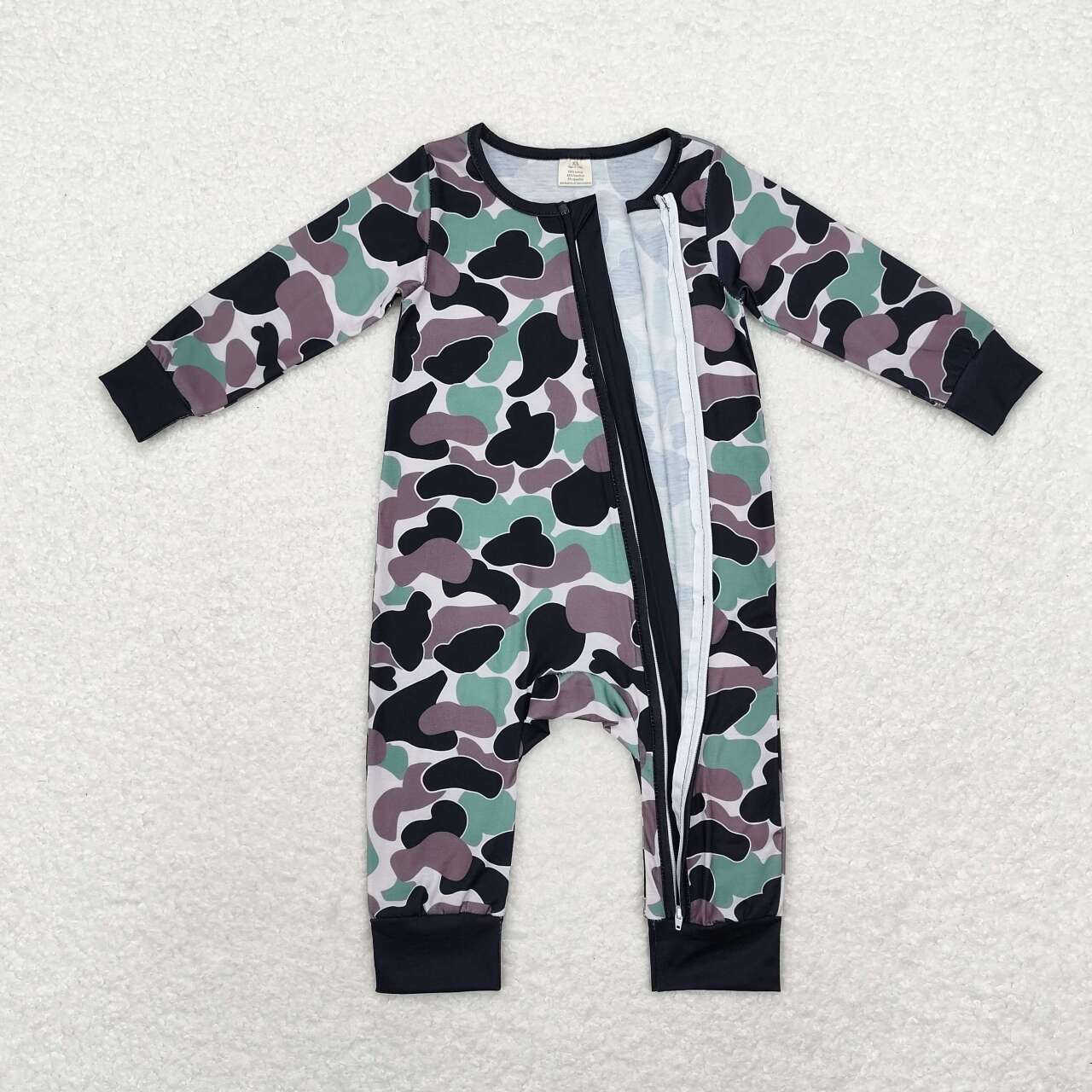 LR1460 bamboo Brown, green, black, camouflage, beige zip-up long sleeved jumpsuit