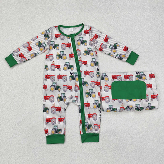 LR1480 Tractor Stripe Green Hemming Zip-Up Long Sleeve Bodysuit