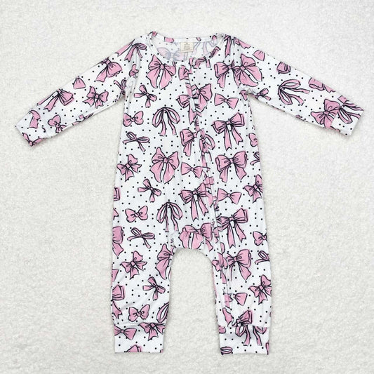 LR1512 bamboo White Zippered Long Sleeve Bodysuit with Bow