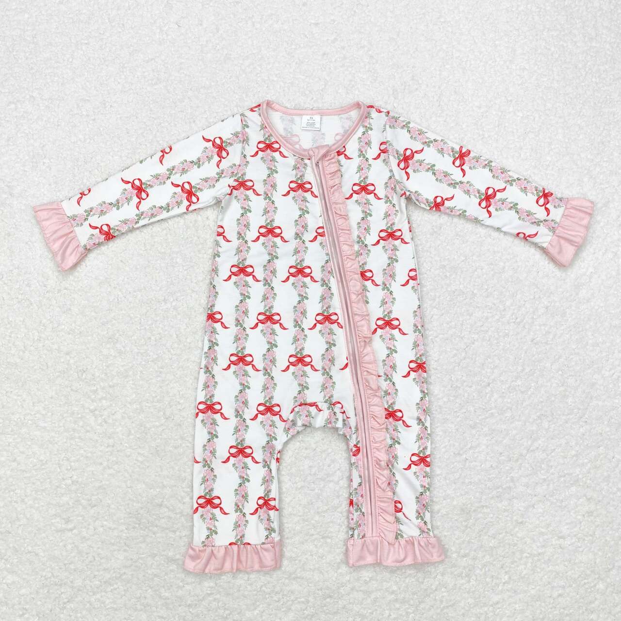 LR1517  Bamboo White zip-up long-sleeved bodysuit with pink lace and flower, leaf and bow pattern