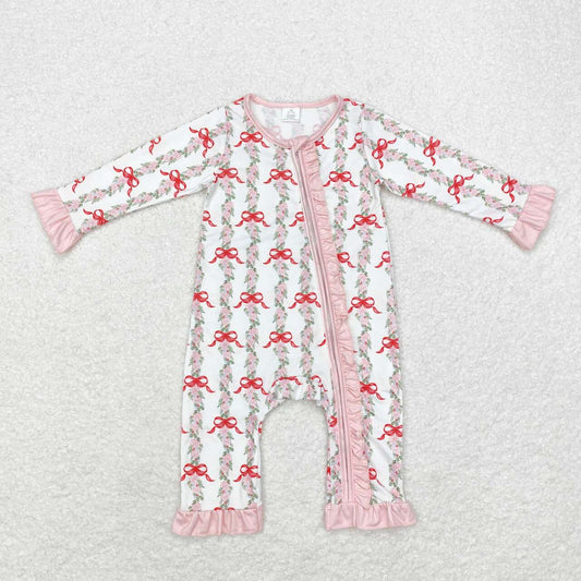 LR1517 Bamboo White zip-up long-sleeved bodysuit with pink lace and flower, leaf and bow pattern