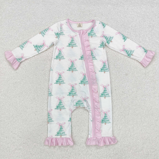 LR1518 White zip-up long-sleeved jumpsuit with pink lace and Christmas tree bow pattern