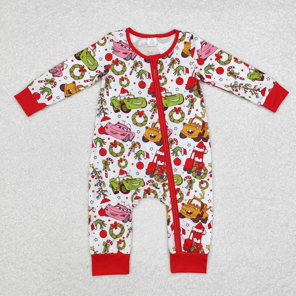 LR1559 Bamboo Christmas Cartoon Car Red and White Zipper Long Sleeve Bodysuit